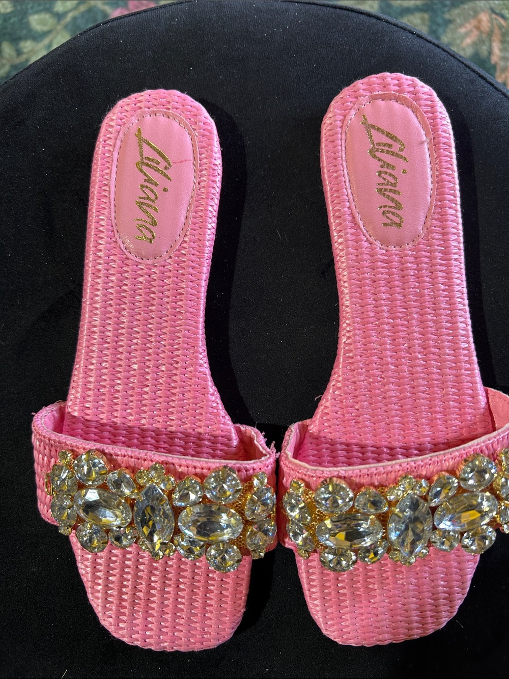 Liliana Hot Pink Jeweled Woven Slide Sandals - Picture 2 of 5